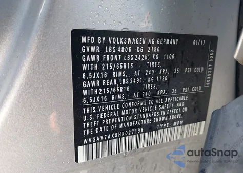 2017 Volkswagen Tiguan 2.0T/2.0T S z USA, uszkodzony, nr VIN WVGAV7AX9HK027199